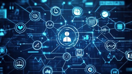 Medical technology icons overlaid on a digital background, symbolizing interconnected healthcare systems