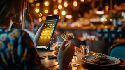 Traveler Sharing Five-Star Rating of Restaurant Food and Drinks on Social Media, Highlighting Travel Lifestyle