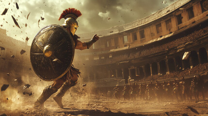 Naklejka na ściany i meble gladiator at attack during fight in colloseum of rome