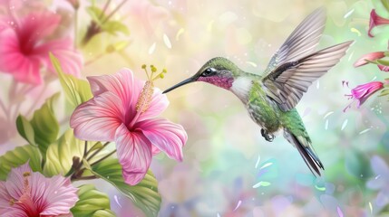 Naklejka premium small bird hummingbird on a background of pink flowers and green leaves