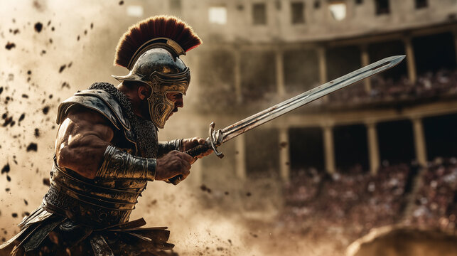 photo of gladiator holding his sword ready for battle in colloseum of rome