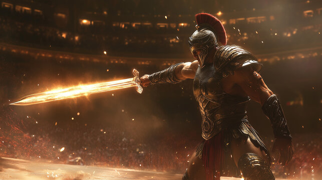 photo of gladiator holding sword of light in battle arena colloseum of rome