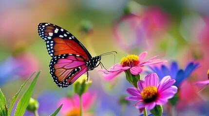 Closeup butterfly sucking nectar from beautiful color flowers