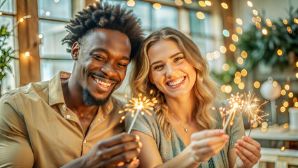 multiethnic couple with sparklers celebrating new year eve at home