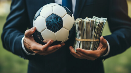 business man holding soccer football ball and bundles of money in his hands