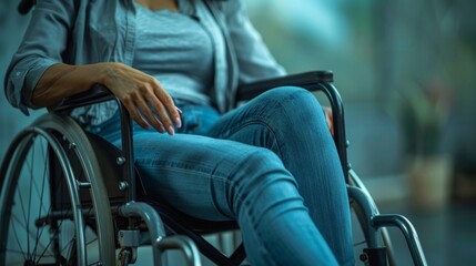 Obraz premium A woman sitting in a wheelchair. The setting is bright and modern, illustrating strength and resilience. Captured in a moment of calm, reflecting everyday life and challenges. AI