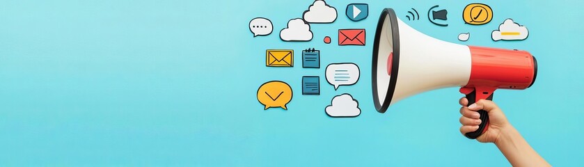 Hand holding a megaphone with a cloud of digital marketing icons, representing the reach and impact of online sales strategies