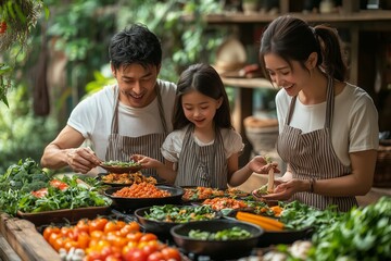 Family preparing healthy meals together in a vibrant kitchen filled with fresh vegetables and fruits