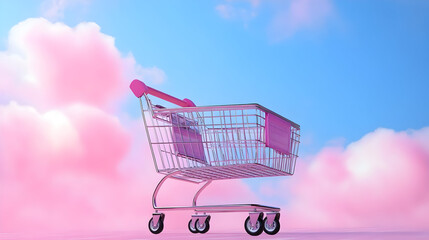 A pink shopping cart against a pastel sky and clouds.