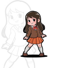 Cute Anime Schoolgirl Logo, Adorable Chibi Character in Uniform, Kawaii Girl Illustration Design