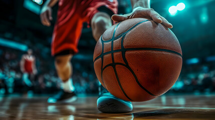 A player dribbles a basketball on the court during a game.