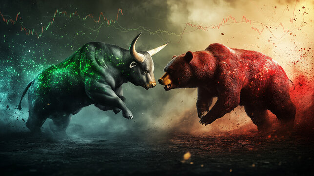 bull market versus bear market. bull fighting against bear. respresenting economic fluctuations between rising and declining market. crypto gold stock market chart