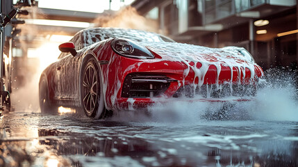 A red car being washed with soap and water in a car wash.