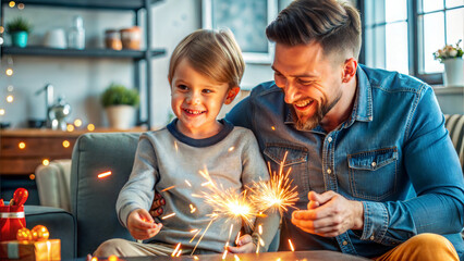 happy father and son with sparklers sitting on sofa at home during christmas