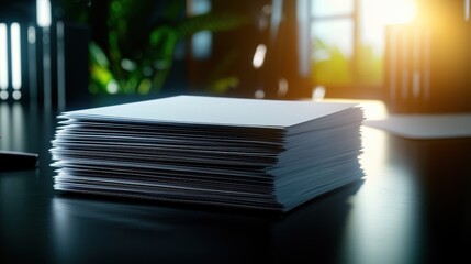Stack of white paper on dark office desk Neatly stacked white paper sheets on a dark office desk with sunlight filtering through the background, suggesting productivity and organization