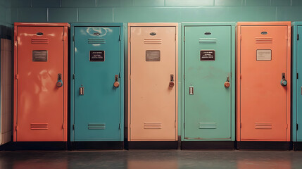 A row of colorful lockers in a school hallway.
