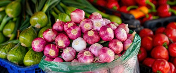 Garlic In A Plastic Bag For Sale At A Bustling Market, Showcasing Everyday Life And Commerce
