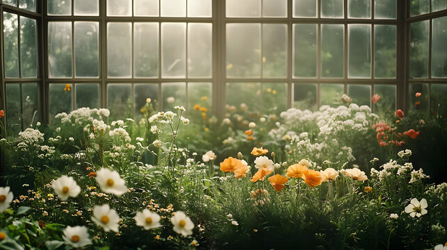 A serene indoor garden filled with blooming flowers and greenery.