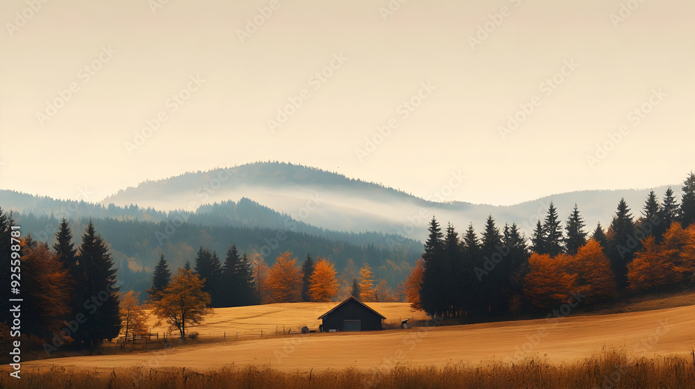 Poster a serene landscape featuring rolling hills, a wooden cabin, and autumn foliage.