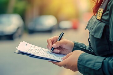 A policewoman writing a ticket