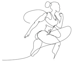 An athletic woman in a line drawing is seen sprinting swiftly, showcasing her stride and determination during a morning jog.