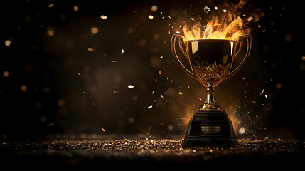 A shining trophy surrounded by flames and confetti.