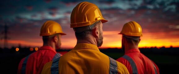 Obraz premium Team Of Engineers, Men And Women, Checking And Inspecting A Construction Site Against A Stunning Sunset Sky