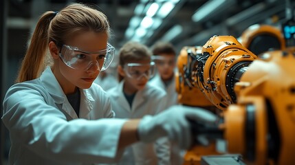  Field trip to real robotics laboratory, encouraging children in career in robotics. Real scientist talking with young students, showing them robotic arm. 