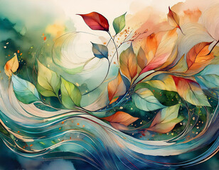 Abstract Wind and Leaves Sweeping Lines and Scattered Leaf Shapes in Motion