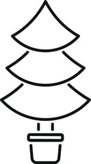 Simple black and white line art of a christmas tree growing in a pot