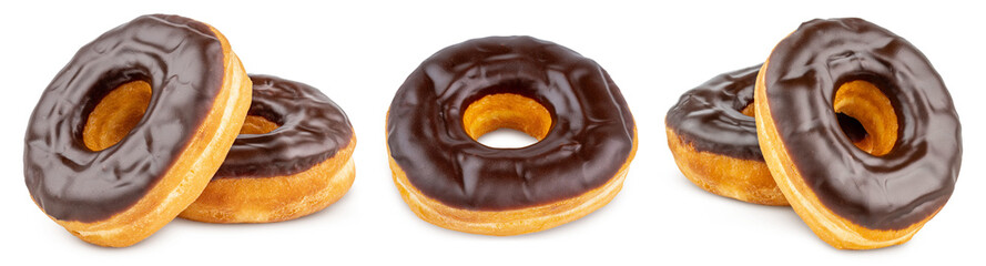 Donut or Doughnut. Donuts Set or Doughnuts with chocolate brown glazed cream or icing without sprinkles. Dessert on birthday, holiday party. Advertising coffee shop, bakery, cafe. American style Donut