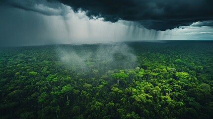A stunning aerial view of a lush green rainforest under dark storm clouds. Raindrops fall gently as mist rises above the treetops, creating a serene and dramatic landscape. AI