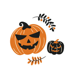 cartoon pumpkins with grissassa halloween celebration stickers, flat style illustration