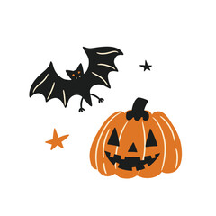 set of cartoon characters pumpkin with grissassa and bat for halloween celebration, flat style illustration