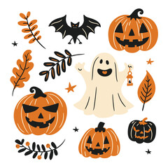 Set of cartoon halloween illustrations with pumpkins, ghost and bats in autumn composition, vector flat style