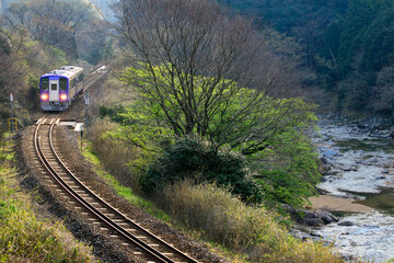 落葉樹が印象的な渓谷を走る関西本線