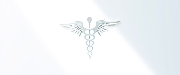 Silver Medical Caduceus with Wings Symbol on White Background
