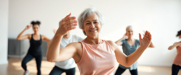 Senior woman smiling during a group fitness class
