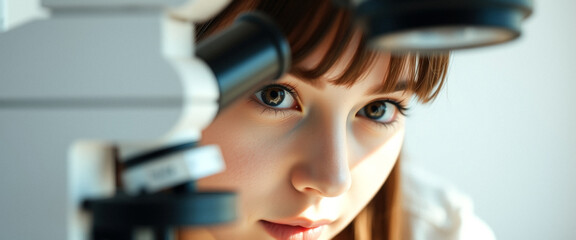 Closeup of a young woman's curious eyes peering through a microscope