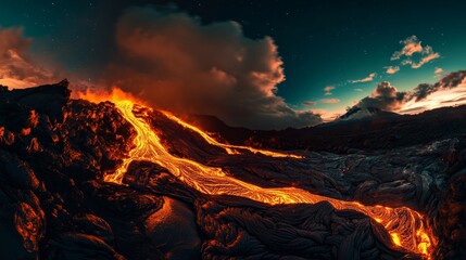 Breathtaking view of lava flowing from a volcano at twilight. This image showcases nature&rsquo;s raw power and beauty. The vibrant colors highlight the dramatic landscape. AI
