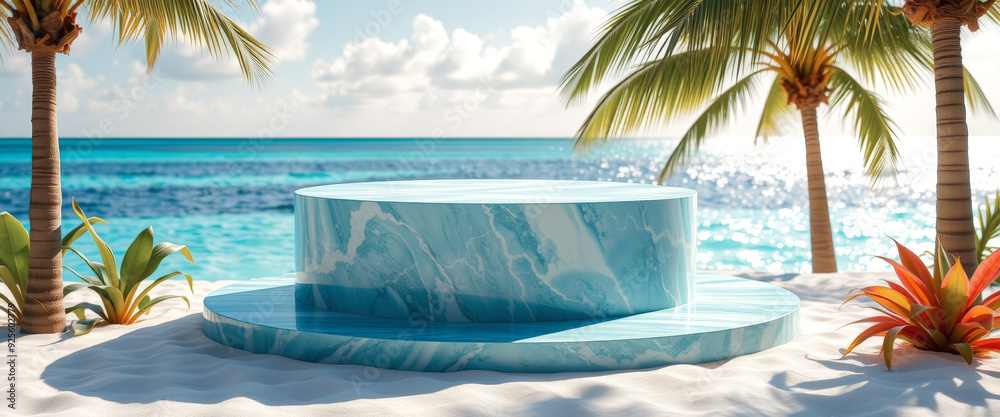 Sticker Blue Marble Podium on Tropical Beach