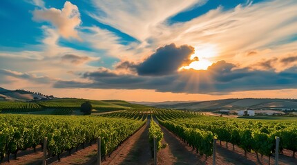 Fototapeta premium Large field agriculture, vast farm landscape view in the morning, farming, plants, food and industry