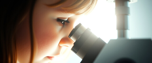Young girl looking through microscope