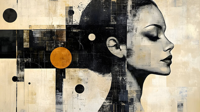 A stylized portrait of a woman with abstract geometric elements.