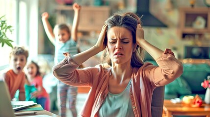 A stressed mother struggles with noise. She covers her ears while children play loudly in the background. Perfect for illustrating parenting challenges and family life. AI