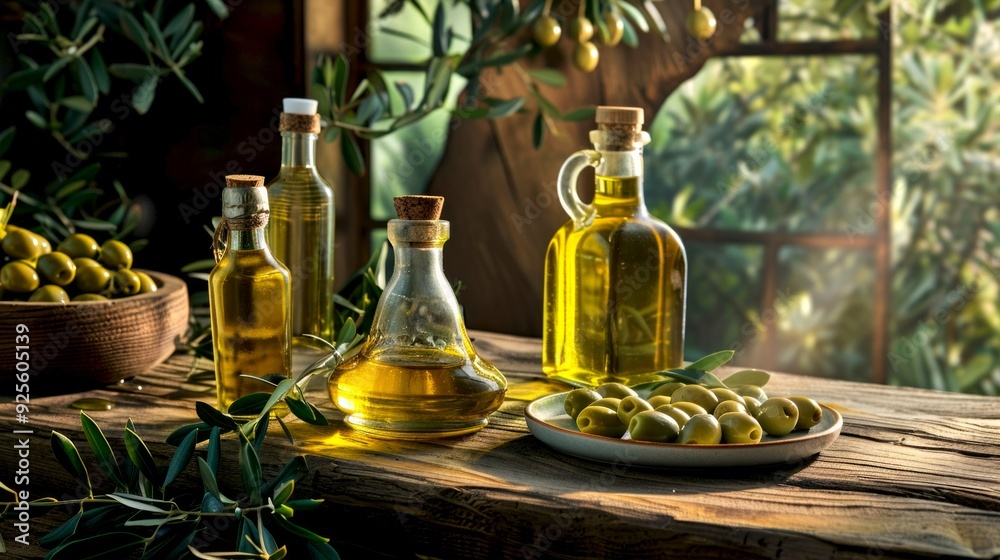 Sticker An elegant display of olive oil in various glass bottles showcases the beauty of natural ingredients. Perfect for cooking, dressing, or drizzling. Ideal for healthy lifestyles. AI