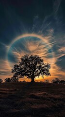 Naklejka premium Celestial Embrace: Majestic Oak at Sunset with Halo, phone wallpaper