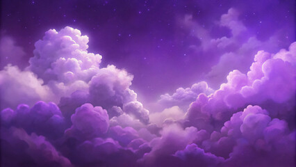 Dramatic cloudscape of fluffy clouds against a vibrant purple sky