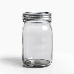 Empty Glass Mason Jar with Silver Lid, isolated on white background