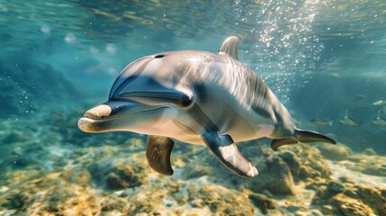 Fototapeta premium A lively dolphin gracefully swims through clear turquoise waters. This vibrant underwater scene captures the beauty of marine life. Perfect for ocean-themed projects. AI
